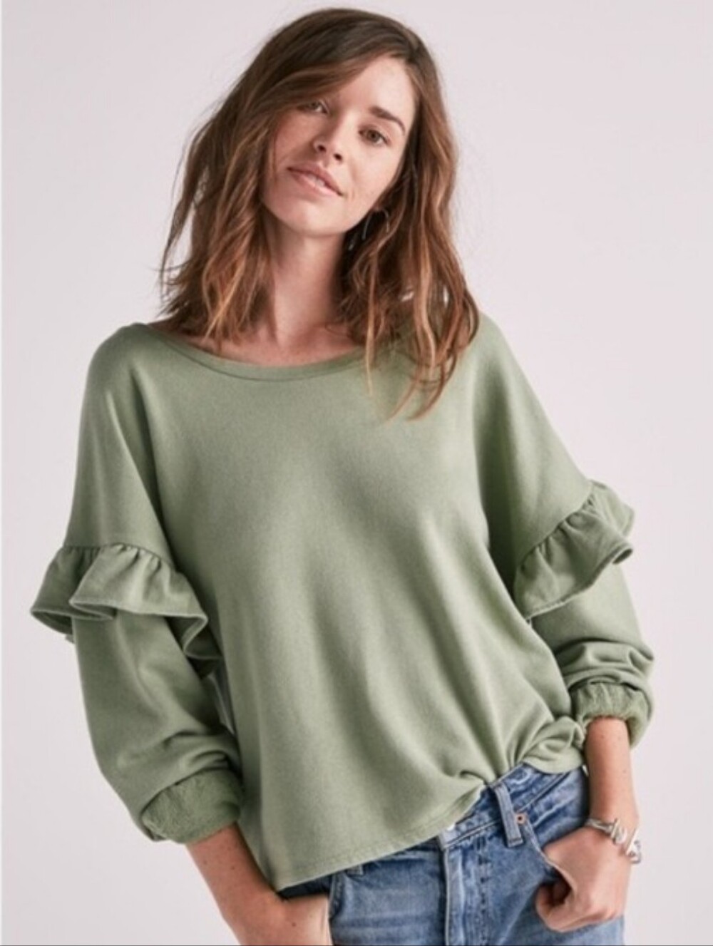 Lucky Brand Sage Green Ruffle Sweatshirt Size XS GUC